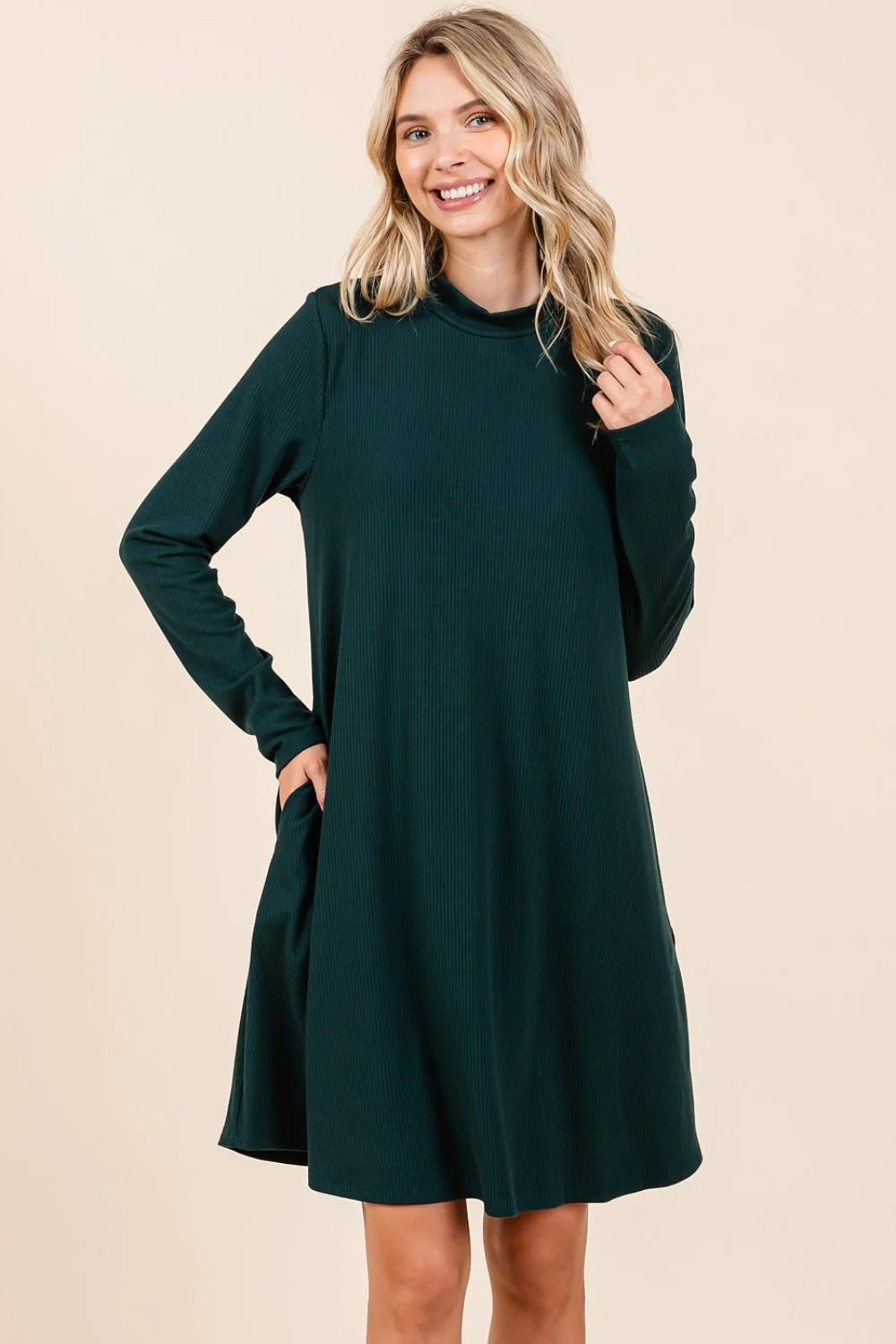 Mittoshop Mock Neck Long Sleeve Dress with Pockets