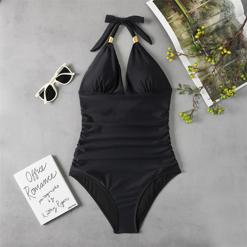 New One-piece Swimsuit Conservative Leopard Print Halter Neck Red Halter Swimsuit 5 Colors