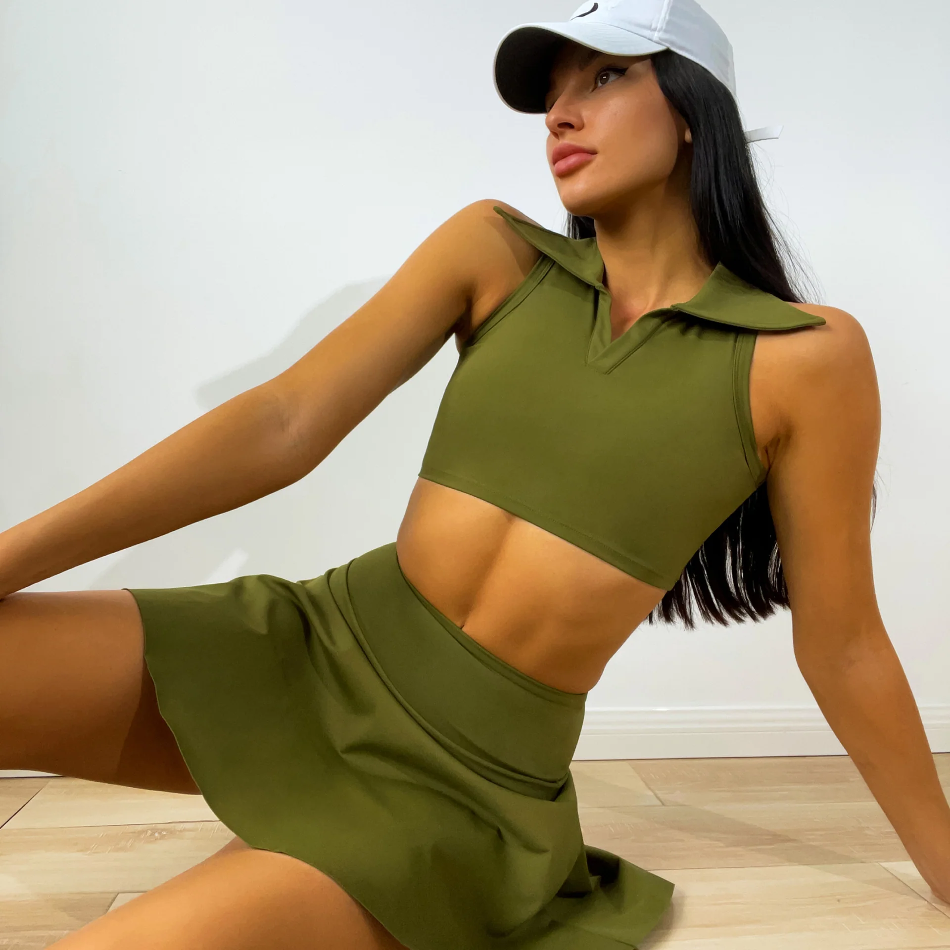 New shirt collar sports short sleeve fake two high waist anti light yoga sports skirt set 5 colors